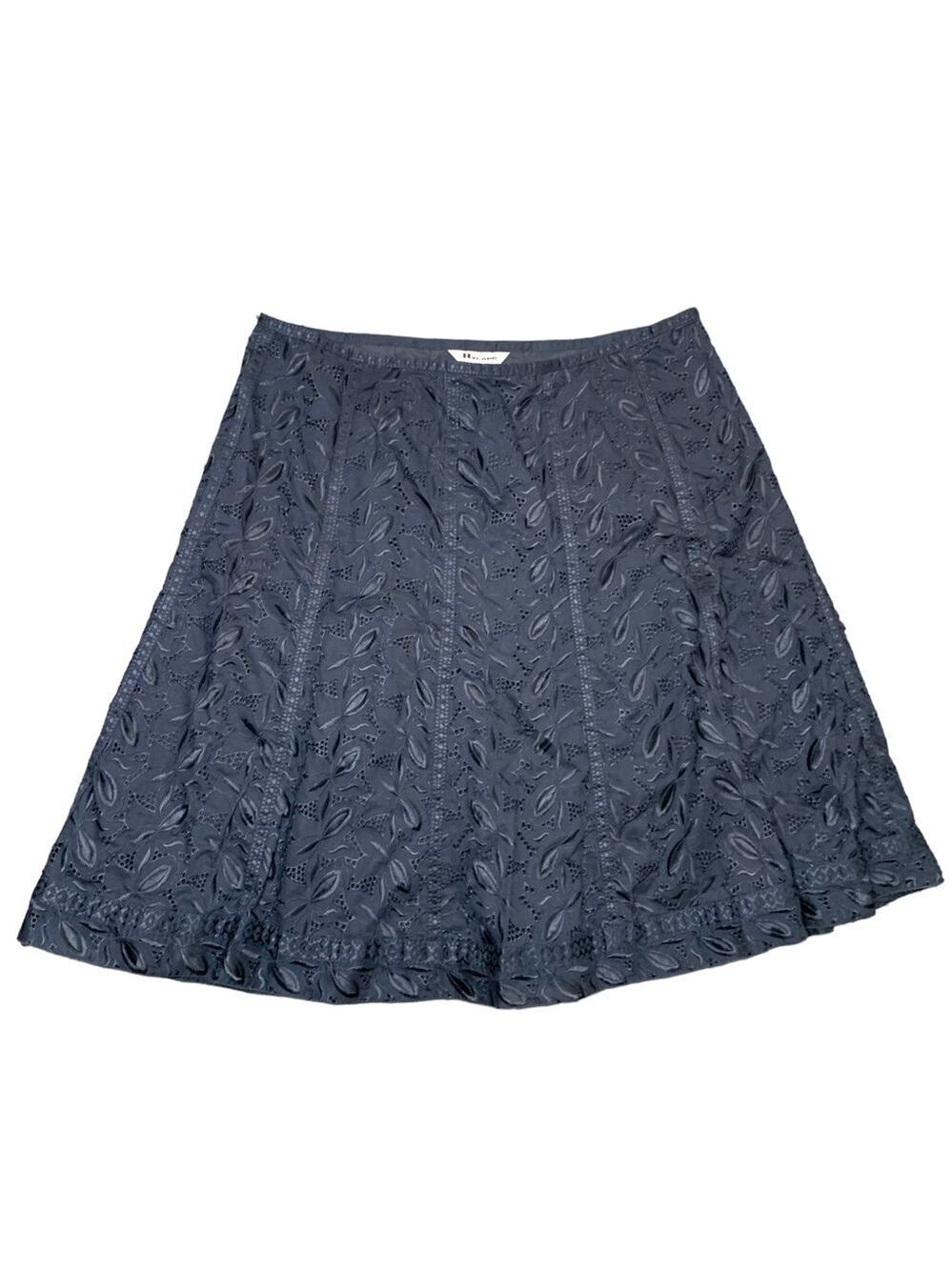 Vintage Navy Blue A Line Midi Skirt Eyelets Floral Embroider Sz 18 waist 38"